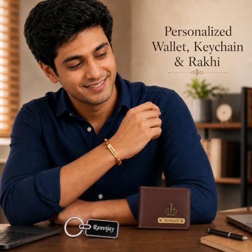 Image of SAVRI Rakshabandhan Gift for Brother | Customized Men's Leather Wallet with Name & Charm, Personalized Metal Keychain & Customized Rudraksha Rakhi with Name | Rakhi Gift for Brother