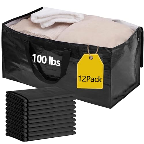 Paquete de 12 bolsas de mudanza impermeables con cremalleras fuertes y asas reforzadas, capacidad real de 100 libras, extra resistentes, grandes bolsas de almacenamiento para embalaje y almacenamiento