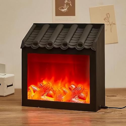 Image of Small Cozy Fireplace Lantern Traditional Realistic Log Wood Burning Flame Effect Ligh LED Charcoal Style Table LampFor Indoor & Outdoor Use