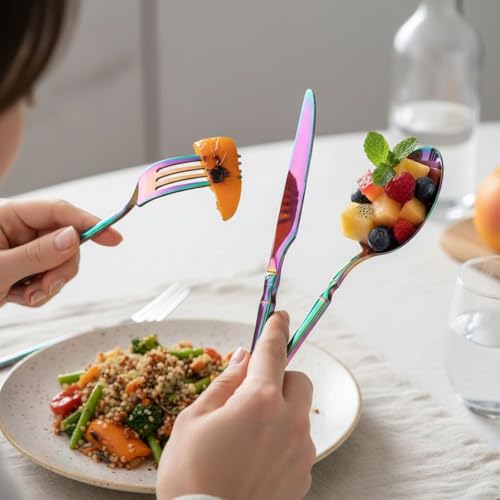 Image of 25 Pcs Rainbow Cutlery Set for Dining Table the Perfect Lightweight Silim Handle Tableware Including Dinner Spoon, Dinner Fork, Dinner Knife, Dessert Spoon & Dessert Fork