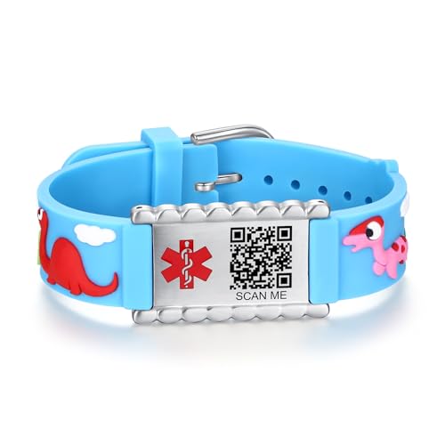 Image of LinnaLove Medical Alert ID Bracelet - Custom or Pre-Engraved, QR Code Available,Blue Dinosaur Band