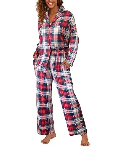 Famulily Women's Casual 2 Piece Outfits Long Sleeve Button Down Shirt and Pajama Pants Set Red XL