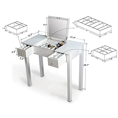 Organizedlife Dressing Table With Flip Top Mirror For Bedroom,Makeup Vanity Desk Writing Desk With 2 Drawers Large Storage For Girls And Women,White #TOP2