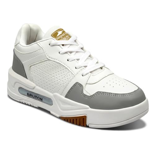 Image of BRUTON Men's HUSTLE-222 White Sneakers | Stylish Lace-Up Casual Shoes | Cushioned Comfort Sole | Lightweight Fashion Sneakers, College, Travel & Street Style