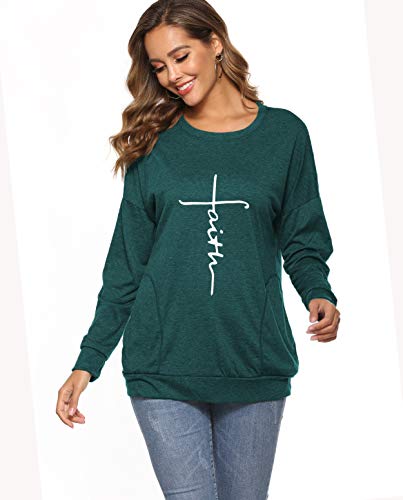 ZILIN Women's Casual Letter Print Crewneck T-Shirt Long Sleeve Tunic Tops Sweatshirt With Pockets (Green, Large)
