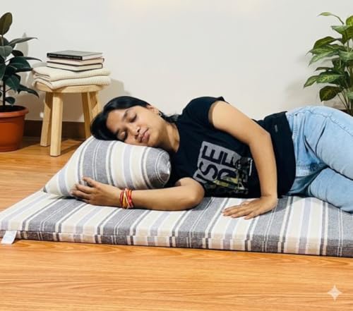 Image of Foldable Mattress Queen Bed Size 5 x 6 Feet | Soft Foam Folding Floor Sleeping Mattress with 1 Filled Pillow for Travel, Camping, Home, Yoga Hostel Guest Room PG Use | Brown White Stripped