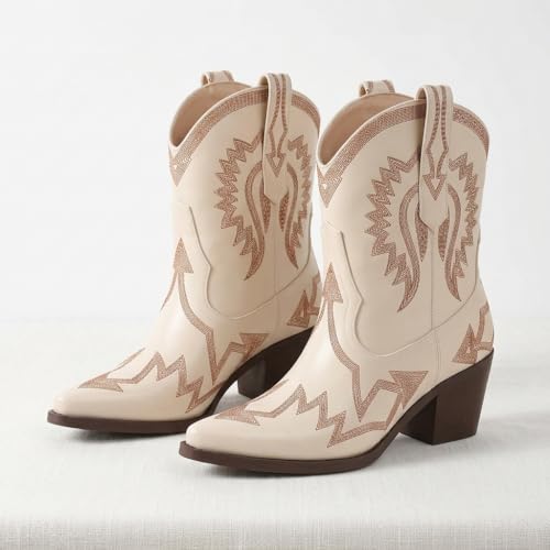 Image of HOCHFART Western Boots for Women Metallic Embroidered Pointed Toe Cowgirl Boots Chunky Heel Pull-On Short Cowboy Boots Wide Calf Country Ankle Boots