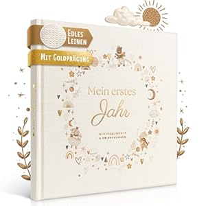 EULENTALER® Das Babyalbum mein erstes Jahr "SCANDI" I Von Pädagogen gestaltet I Mit handgemalten süßen Illustrationen I Leinencover + Farb/Goldprägung I Babytagebuch für Jungs & Mädchen zur Geburt