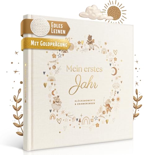 EULENTALER® Das Babyalbum mein erstes Jahr 'SCANDI' I Von Pädagogen gestaltet I Mit handgemalten süßen Illustrationen I Leinencover + Farb/Goldprägung I Babytagebuch für Jungs & Mädchen zur Geburt