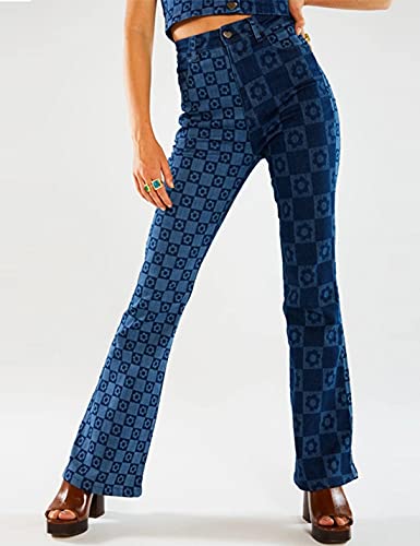 Paodikuai Women Patchwork Jeans Bell Bottom Raw Hem Denim Pants Slim Bootcut Jean (Large, S2-Blue) #TOP2