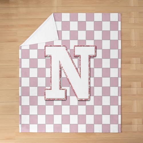 Image of Erosebridal Pink Initial N Flannel Blanket Kawaii Plaid Checkered Fuzzy Plush Throw Cute Personalized Monogram Fleece Blanket for Kids Girls,Fashion Grids Gingham Decor for Bed Couch Queen 90 inchx90 inch