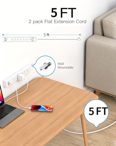Image of 2 Pack Power Strip, 5FT Extension Cord, Surge Protector with 6 Outlets and 4 USB Ports (2 USB C), Flat Plug Overload Protection, Extension Cord with Multiple Outlets, Wall Mount for Home Dorm College