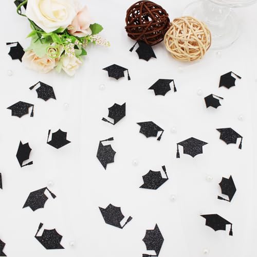 Image of 200PC Black Grad Cap Graduation Confetti for Table Glitter Graduation Hat Table Scatter for Class of 2026 Grad Party Decorations