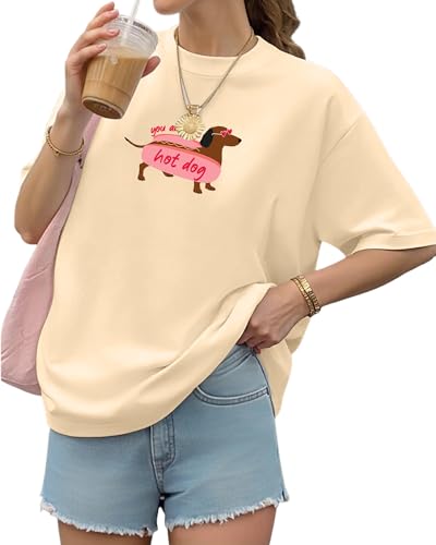 Aiyino Womens Funny Dog Graphic Tee Oversized Dog Lover Shirt Hot Dog Apricot M