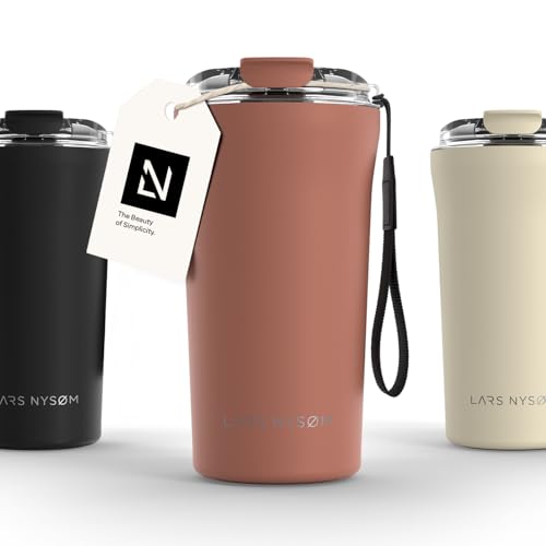 Image of LARS NYSOM Thermo Coffee Mug to go with Strap 17oz | Travel Mug 0.5 Liter with Insulation | Leak Proof Stainless Steel Thermal Tumbler for Coffee and Tea to Go (Brick Red, 17oz)