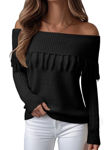 EVALESS Womens Off The Shoulder Sweater Fall Fringe Long Sleeve Loose Pullover Sweaters Tops