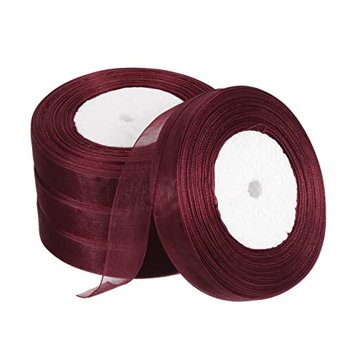 PATIKIL Sheer Organza Ribbon 51/64 Inch 50 Yard, 4 Roll Chiffon Decoration Fabric for Gift Wrapping Crafts Wedding Bouquet Burgundy Red