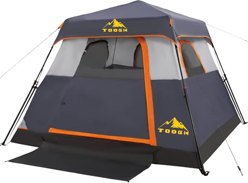 Toogh 3/4 Person Camping Tent with 1 Door, 4 Windows, and Upgraded Ventilation– Instant Setup, Waterproof, 8'x 8'x 67''Oxford Fabric Floor Pop Up in 60 Seconds Includes Rainfly and Backpack