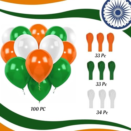Image of Tri Color Orange White Green Balloons for Decoration Pack of 100