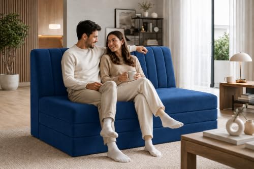 Image of Three Seater Sofa Bed, Velvet Fabric Foldable Sofa Cum Bed with Soft Foam Cushioning, Convertible Floor Couch for Living Room, Guest Room & Home Use (Blue, Pre-Assembled)