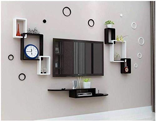 Multipurpose Wooden Wall Shelf 2 Interlock and A Set Top Box Stand TV Entertainment Unit (Black & White)-image-37