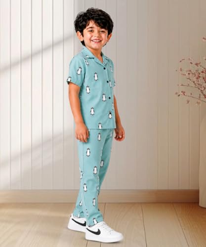 Image of 3BROS Unisex Pure Cotton Short Sleeve Kids Night Dress for Boys & Girls Nightwear /Sleepsuit /Sleepwear /Loungewear Night Suit for Boys and Girls Top and Pyjama Combo Set
