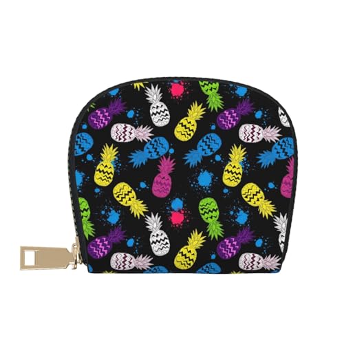 colorful pineapple black Small Wallet for Women Leather Card Case Wallet with Zipper Pocket2