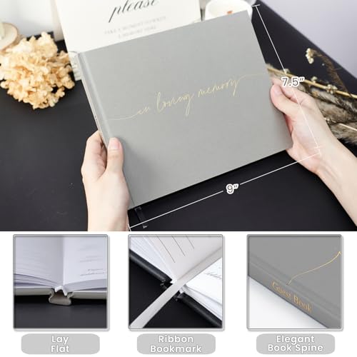 Image of Funeral Guest Book for Memorial Service, in Loving Memory 9x7.5 | 320 Entries, Table Sign Card Included, Gold Stamping, Twill-Textured Paper Cover, Celebration of Life Keepsake, Gray