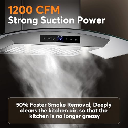 Image of 30 Inch Wall Mount Range Hood 1200CFM, 4-Speed Wall Mount Range Hood with Touch Control & Gesture Sensing Stainless Steel Kitchen Stove Vent Hoods with 2 LED Lights