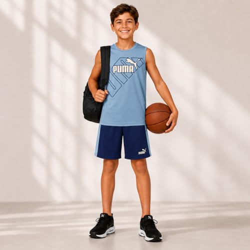 Image of PUMA Active Boys Shorts Set - 2 Piece Dry Fit Sleeveless Basketball Boys Athletic Shirts and Boy Shorts Matching Set (4-16)