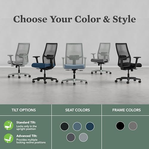 Image of HON Ignition 2.0 ReActiv Ergonomic Office Chair, Mesh Desk Chair with Lumbar Support, Synchro‑Tilt Recline, Height and Width Adjustable Arms, Swivel Wheels, Black Frame, Black