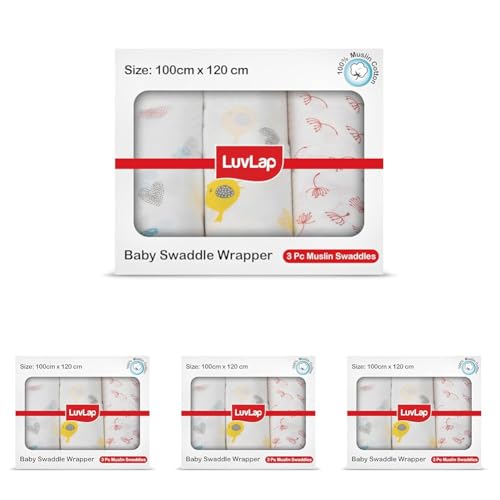 Image of LuvLap 100% Cotton Muslin Baby Swaddle Set, Baby Towel, Size-120cm x 100cm (47 inchx39 inch), Hearts Birds Printed on White, 0-18 Month+, Printed Mulmul Muslin Swaddle Wrap for New Born, Pack of 12
