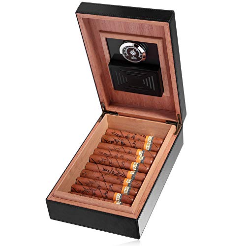 Cigar Humidor, MEGACRA Leather Surface Cedar Wood Lined Humidor with Hygrometer and Humidifier, Hold 10-20 Cigars