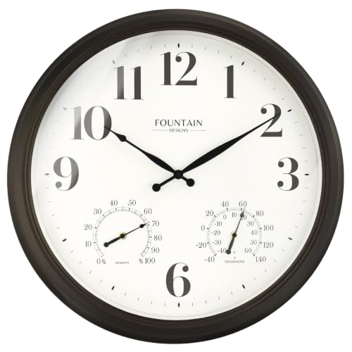 FOUNTAIN DESIGNS 24 Inch Outdoor Clocks Waterproof Oversized Large Outdoor Clock with Temperature and Humidity Combo Weatherproof Accurate & Easy to Read for Porch Pool Garden
