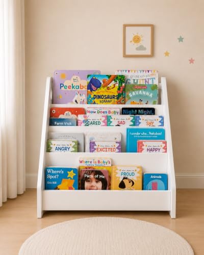 Image of Montessori Book Shelf for Kids and Toddlers - Wooden Book Organizer and Reading Rack for Nursery, Study Room, or Bedroom - Child-Safe Bookshelf for Home Use| 4-Tier (White)
