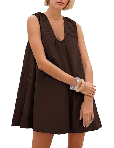 Image of Women's Summer Babydoll Dress Scoop Neck Bubble Mini Dress with Pockets Sleeveless Flowy Tank Preppy Dresses Party