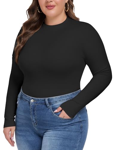 COOTRY Women's Plus Size Long Sleeve Shirts Crew Neck Slim Fitted Basic Tops Casual Outfits Fall Clothes