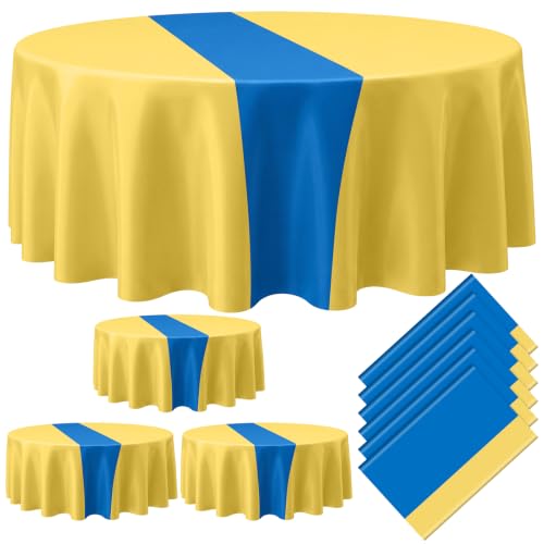 Image of Remagr 12 Pcs Round Plastic Tablecloth 84 Inch Disposable Tablecloth Party Table Cover for Graduation Wedding Birthday Retirement Decoration (Yellow,Blue)