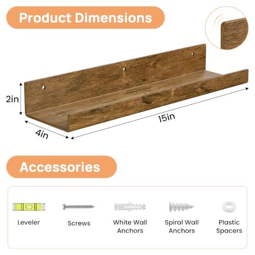 Image of upsimples 4 Pcs 15 inch Acrylic Shelves for Wall Decor and Display, Rustic Wood | Cute Floating Shelf for Perfume, Skincare, Nail Polish, Wall Organizer for Bedroom, Living Room, Playroom, Room Decor