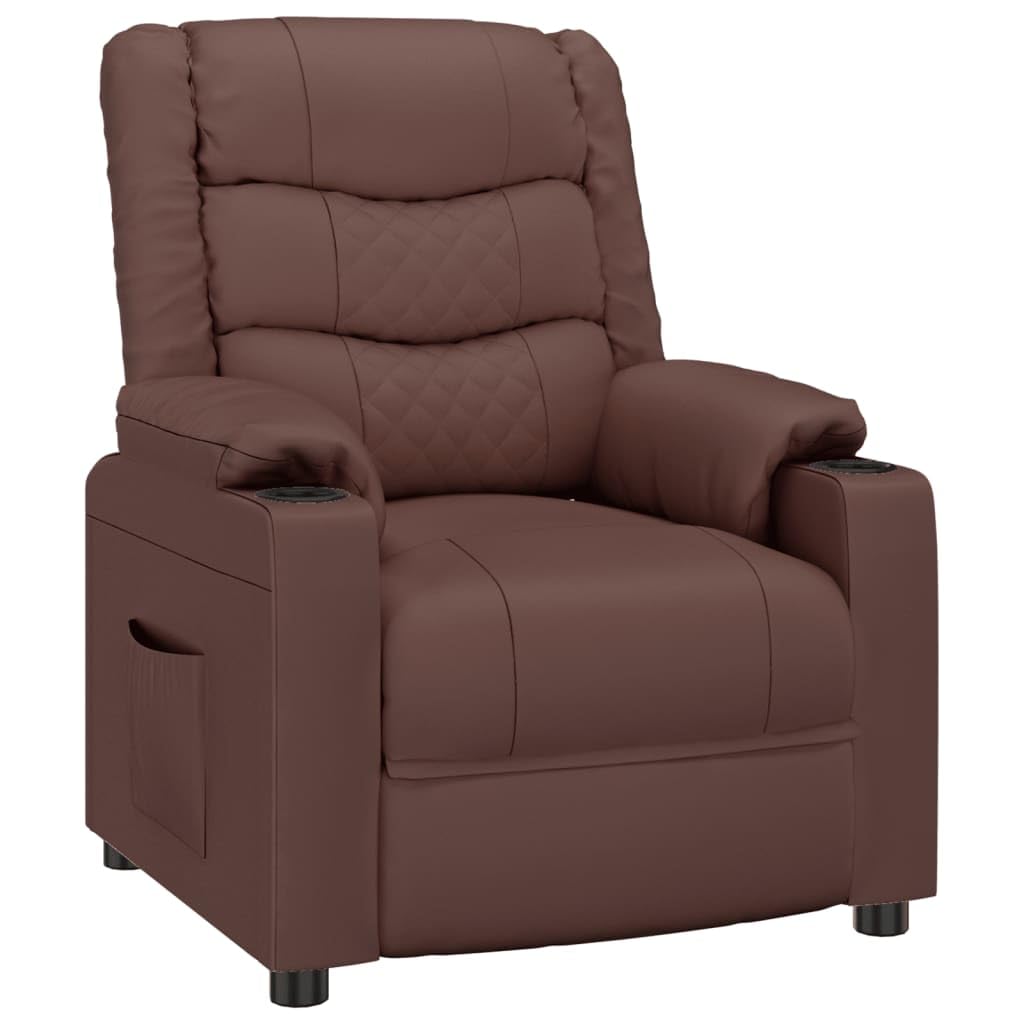 Sillón de relax manual marrón de piel sintética con 3 posiciones, respaldo y reposapiés ajustables manualmente, asiento acolchado grueso con reposabrazos anchos, marco de madera y metal
