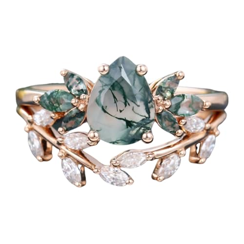 10K 14K 18K Rose Gold 2CT Natural Moss Agate Engagement Ring Set for Women 925 Sterling Silver Genuine Pear Green Moss Agate Leaf Art Deco Bridal Wedding Ring Set (Size 4-15)-4