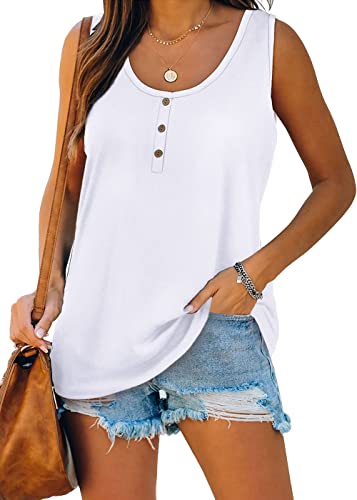 Kapoohott Damen Tops Sommer Ärmellos Tank Tops Elegant Oberteile Freizeit Lose Einfarbig Tunika Shirts mit Tasten XL&Weiß Cover