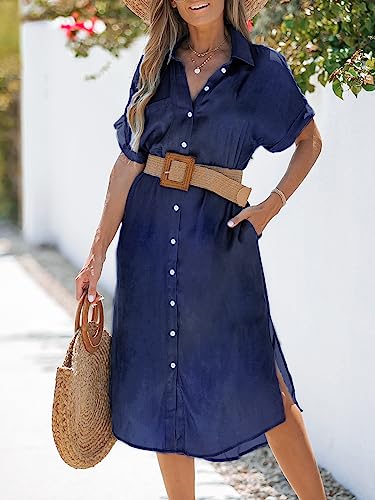Image of CUPSHE Women Long Summer Dress Bell Sleeve Button Down Dress V Neck Casual Shirt Cover up Dress