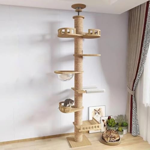 Conutooキャットタワー 突っ張り 木製 キャットツリー 全縄巻き 運動不足 爪研ぎ ストレス解消 太い支柱 多頭飼い 安定性良い 猫ツリー キャットランド 木登りタワー 多層無垢材 太い支柱 スリム 宇宙船 ハンモック 多頭飼い 大型猫用 猫タワー