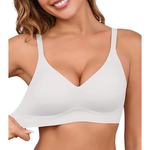 Wireless Bras for Women No Underwire Comfortable Push Up Bra V Neck Seamless Bralette Full Coverage White Medium