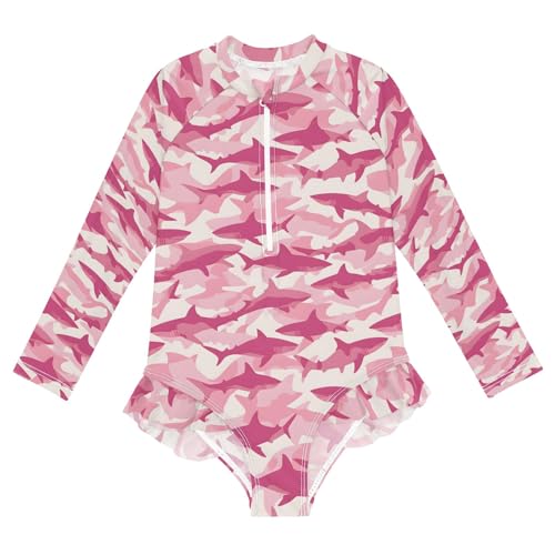 Pink Shark Pattern Girls One Piece Rash Guard Swimsuit, Girls Long Sleeve Swimwear for 3-12Y