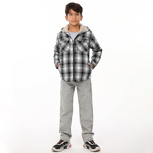 Image of ThCreasa Boys Plaid Flannel Jackets Sherpa Lined Zip Up Long Sleeve Warm Flannel Shirt with Hood
