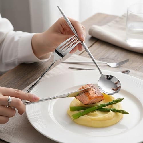 Image of Slim Handle Silver 20 Pcs Stainless Steel Cutlery Set for Dining Table, Dishwasher Safe Glossy Flatware (4 Spoon Set+4 Forks Set+4 Butter Knife+4 Dessert Spoon+ 4 Fruit Fork)