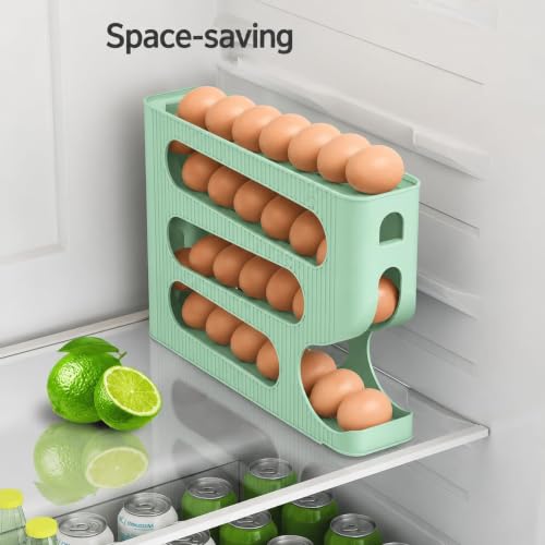 Image of 4-Tier Automatic Rolling Egg Dispenser for Refrigerator - Space-Saving Plastic Egg Holder, Holds Up to 30 Eggs, Roll-Down Design (Mint Green)