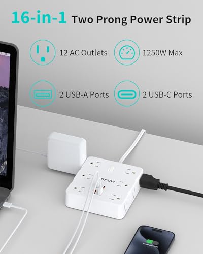 Regleta de alimentación HOPOW 12 AC de 2 clavijas y extensión de 5 AC de 2 clavijas con protección contra sobretensiones de 1700J, montable en pared para casas antiguas miniatura 3